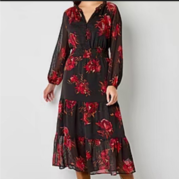 FRYE AND CO. Dresses & Skirts - FRYE AND CO. Black and Red Floral Long Sleeve Dress